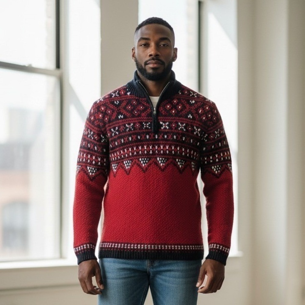 Jones New York Sport Red Fair Isle Hand Knit Wool Mohair Quarter Zip Sweater